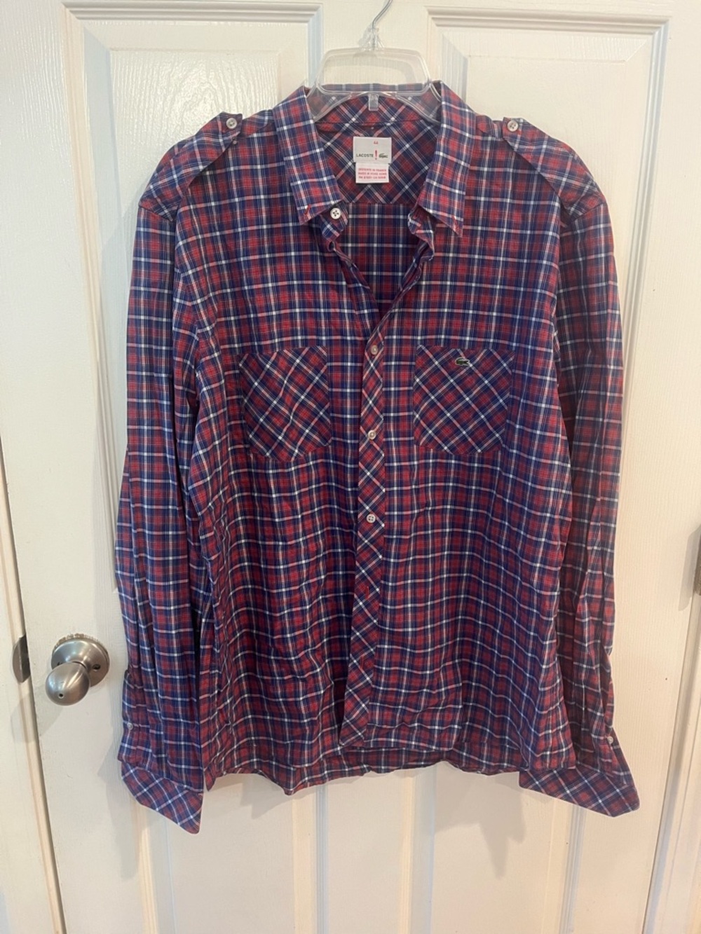 Lacoste Red and Blue Plaid Cotton Button-Down Shirt
